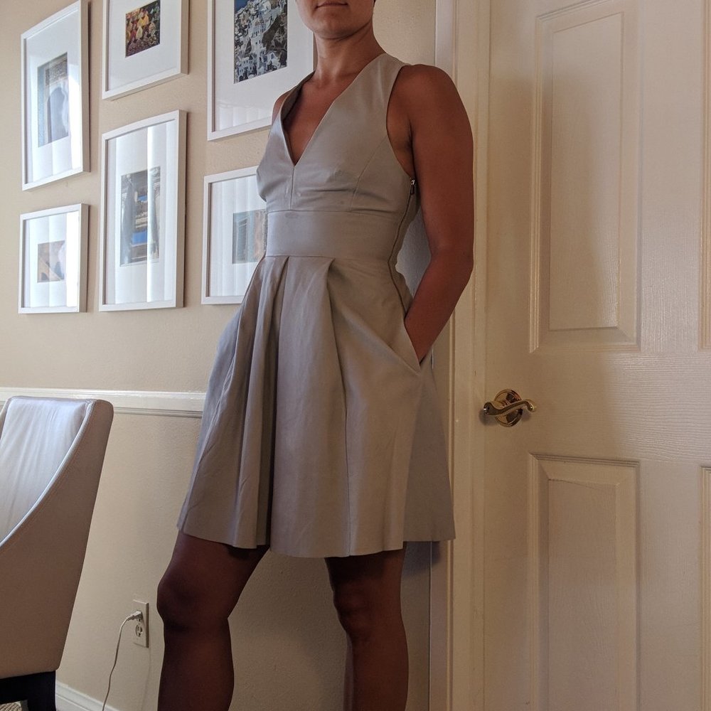 Grey Leather Cocktail Dress | Deep V | Pockets | Size 2